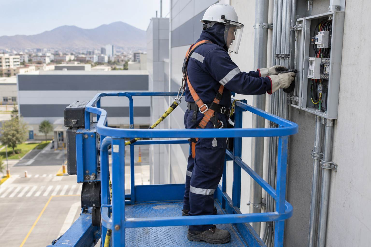 Escena ilustrativa de un electricista en plataforma elevada con arnés, casco, pantalla facial y guantes