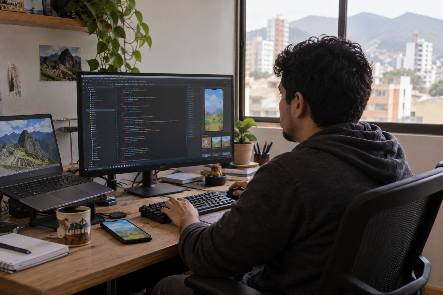 Escena ilustrativa de un desarrollador trabajando en aplicaciones y videojuegos